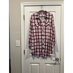 White Mark Red Plaid Button Down Tunic Shirt Dress Womens XL Roll Tab Sleeve